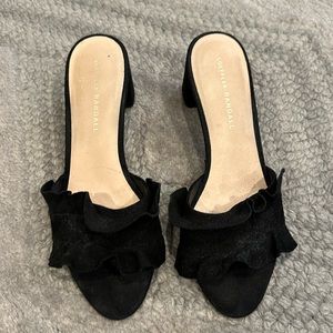 LOEFFLER RANDALL Black Suede Ruffle Embellishment Slides 7.5